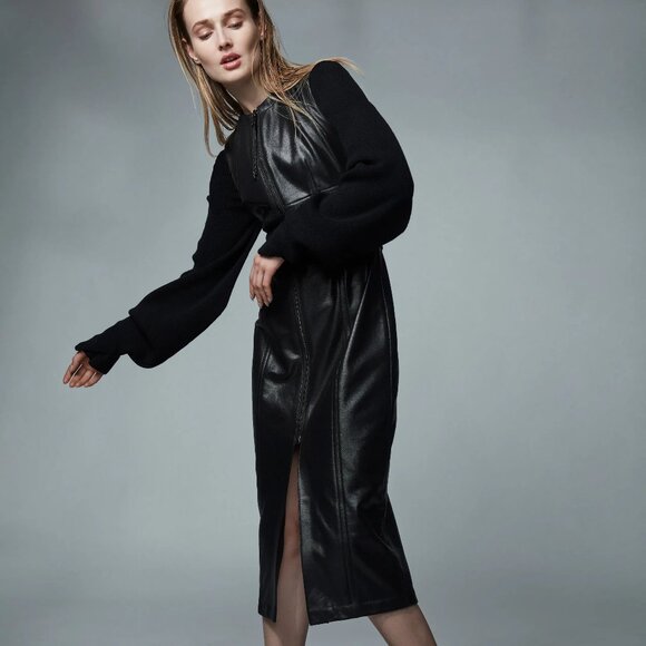 NWT$1050 RUNWAY COLLECTION Yigal Azrouel Knit Long Sleeves Leather Midi Dress 10